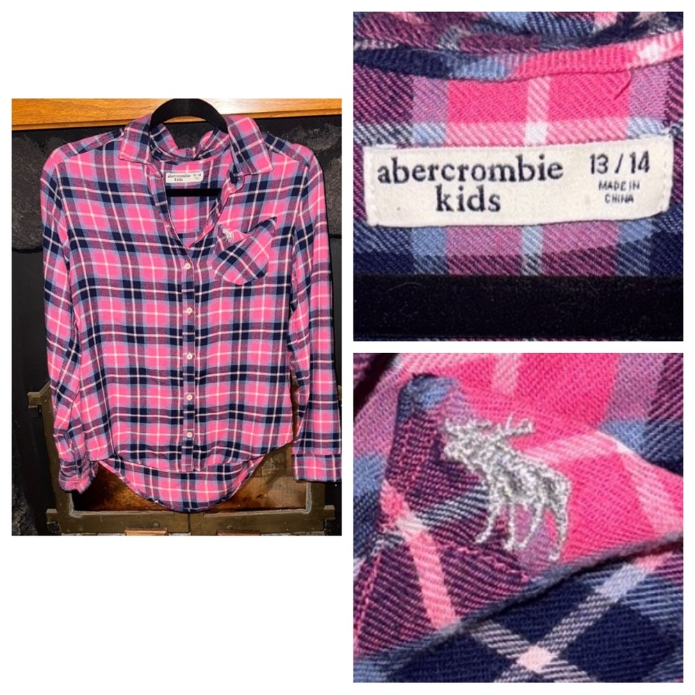 Abercrombie & Fitch Kids size 13/14 Pink and Blue Plaid Flannel soft Shirt
